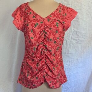 Red Cherry Print Ruched V-Neck Top Eyelet Sleeve Womens M Novelty Pinup Retro